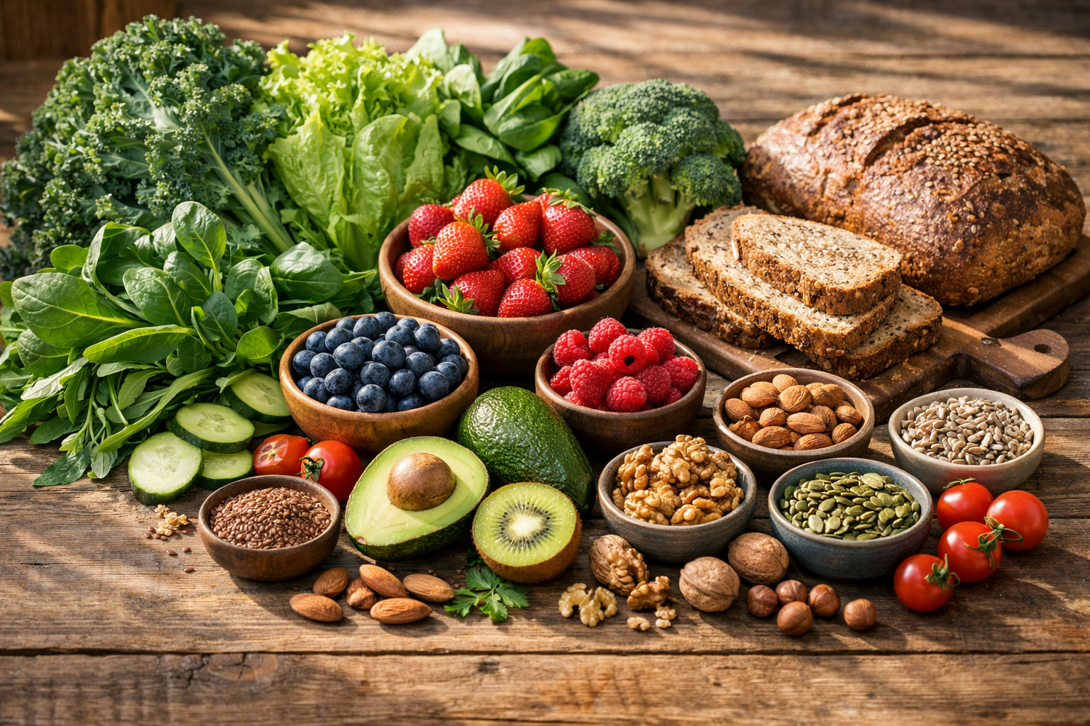Fresh leafy green vegetables, berries, whole grain bread, and nuts arranged on a wooden table in natural daylight, healthy eating concept