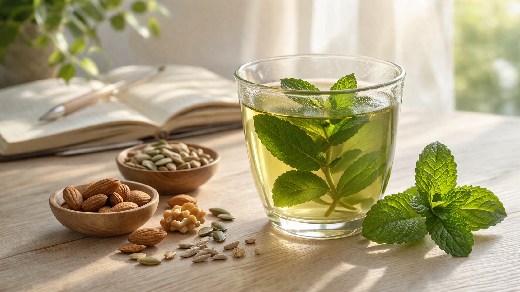 Glass of herbal tea with fresh mint leaves, nuts and seeds on a light wooden surface, peaceful morning atmosphere